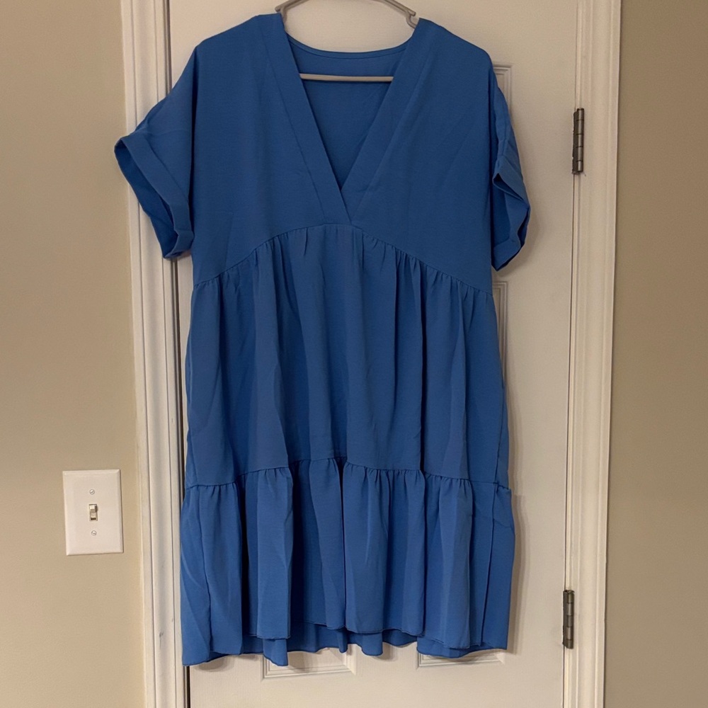 Blue V-Neck Tiered Dress